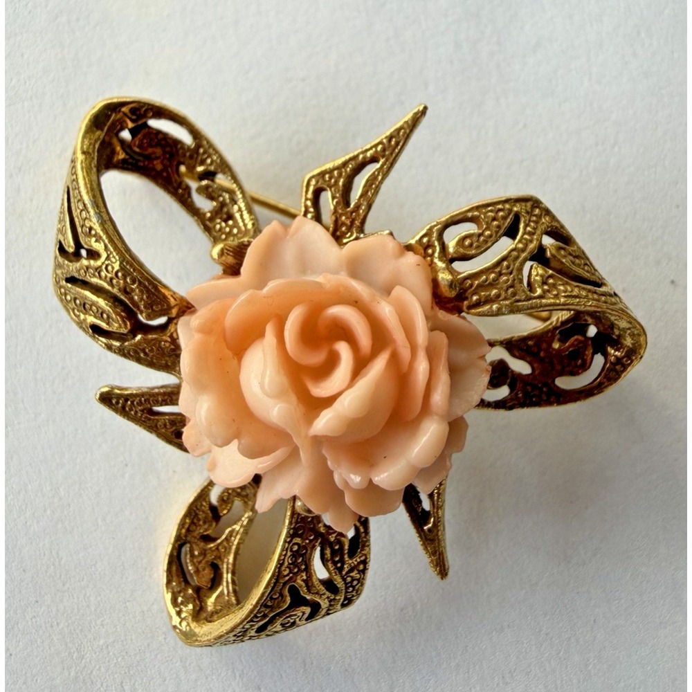 Lucite Rose Brooch Vintage Gold Filigree Ribbon Pink Floral Statement